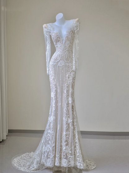 Unique Mermaid V Neckline White Lace Long Sleeves Wedding Dresses Brides Dress P0023