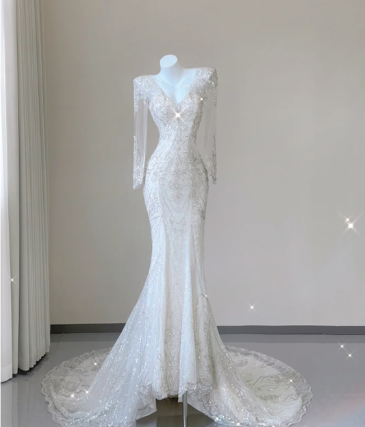 Unique Mermaid V Neckline White Sequin Long Wedding Dresses Brides Dress P0025