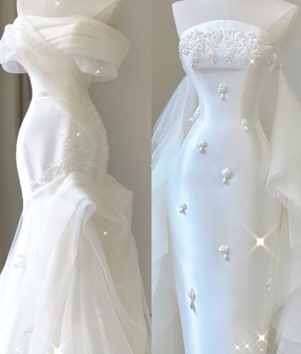 Unique Mermaid Off The Shoulder White Tulle Sweep Train Wedding Dresses Brides Dress P0029