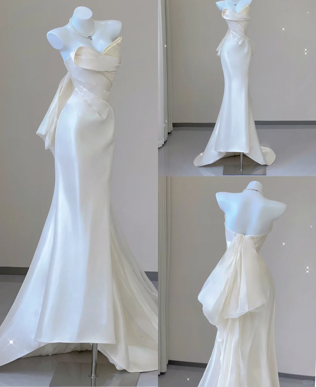 Unique Mermaid Sweetheart Ivory Satin Long Wedding Dresses Brides Dress P0030