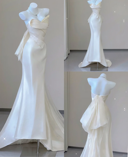 Unique Mermaid Sweetheart Ivory Satin Long Wedding Dresses Brides Dress P0030