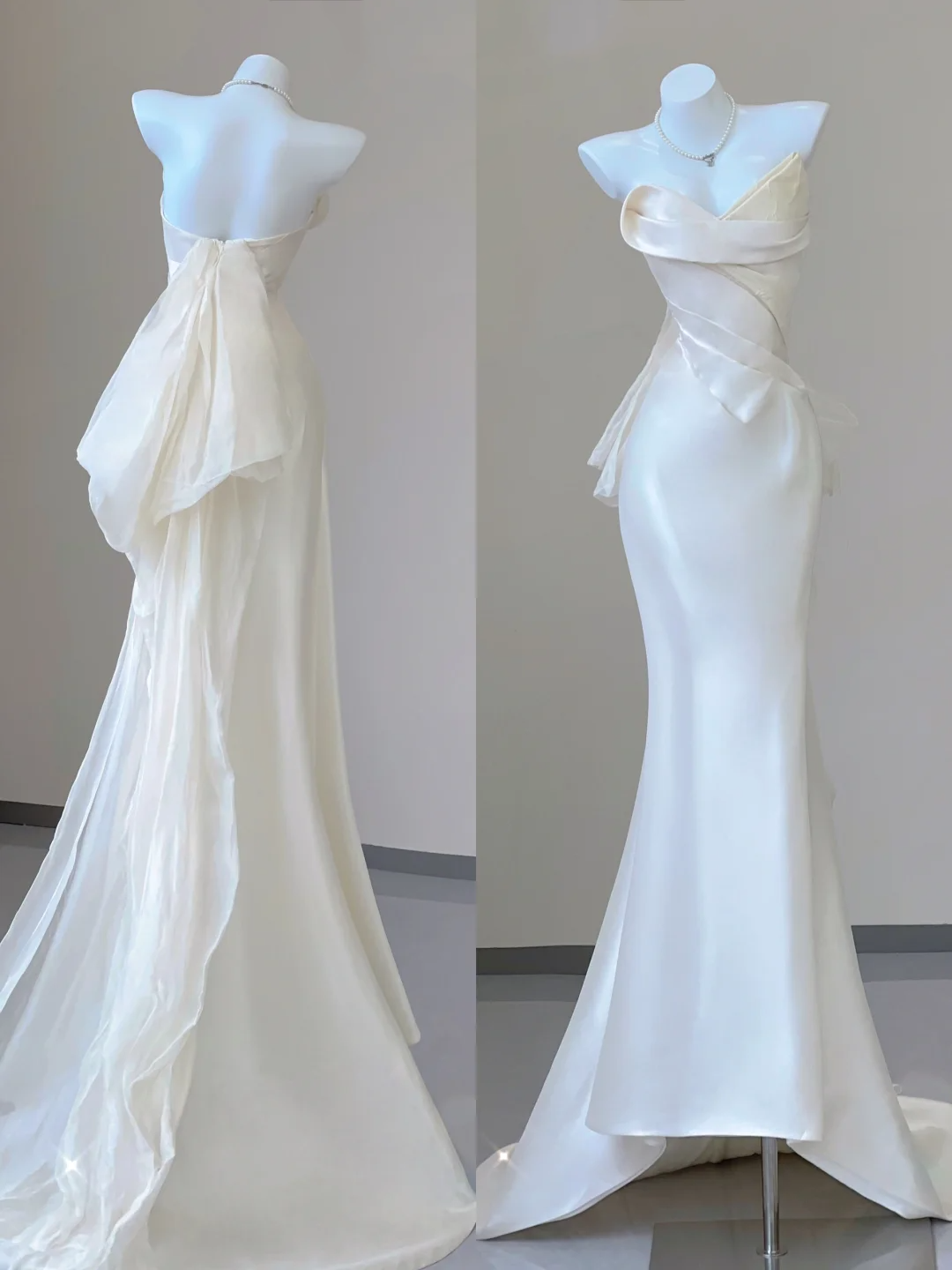 Unique Mermaid Sweetheart Ivory Satin Long Wedding Dresses Brides Dress P0030