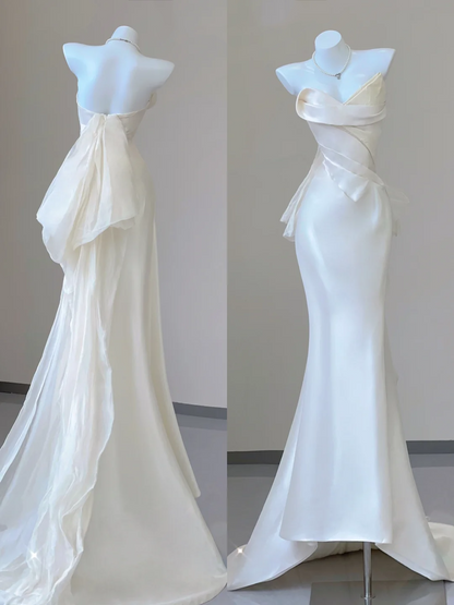 Unique Mermaid Sweetheart Ivory Satin Long Wedding Dresses Brides Dress P0030