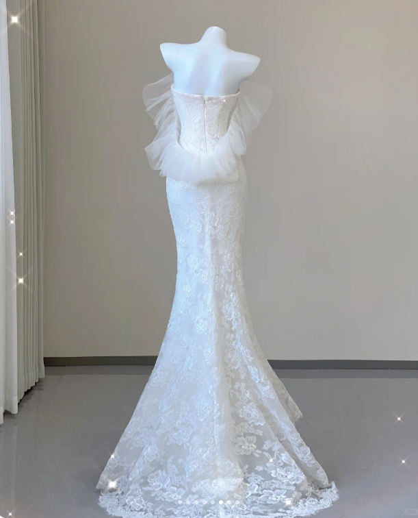 Unique Mermaid Sweetheart White Lace Long Wedding Dresses Brides Dress P0031
