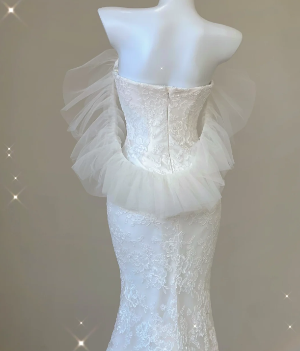 Unique Mermaid Sweetheart White Lace Long Wedding Dresses Brides Dress P0031