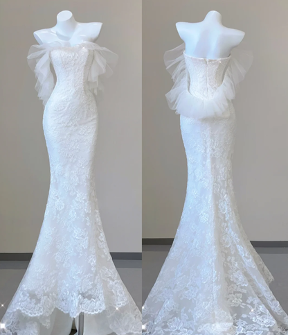 Unique Mermaid Sweetheart White Lace Long Wedding Dresses Brides Dress P0031