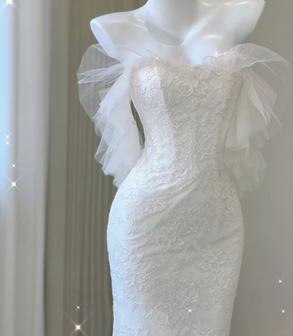 Unique Mermaid Sweetheart White Lace Long Wedding Dresses Brides Dress P0031