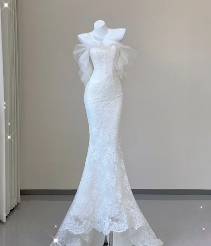 Unique Mermaid Sweetheart White Lace Long Wedding Dresses Brides Dress P0031