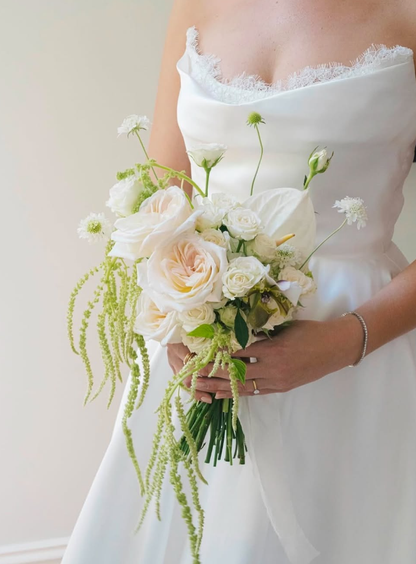Simple Ball Gown Strapless White Lace Satin Long Wedding Dress SH2044