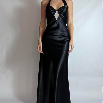 Black Fashion Retro Exquisite Rhinestone Elegant Sexy Suspender Long Satin Prom Dress Evening Dress Birthday Party Dress Prom Dress gh3804