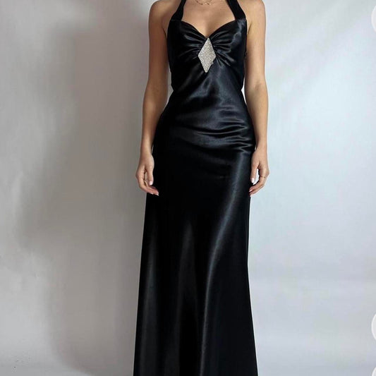 Black Fashion Retro Exquisite Rhinestone Elegant Sexy Suspender Long Satin Prom Dress Evening Dress Birthday Party Dress Prom Dress gh3804