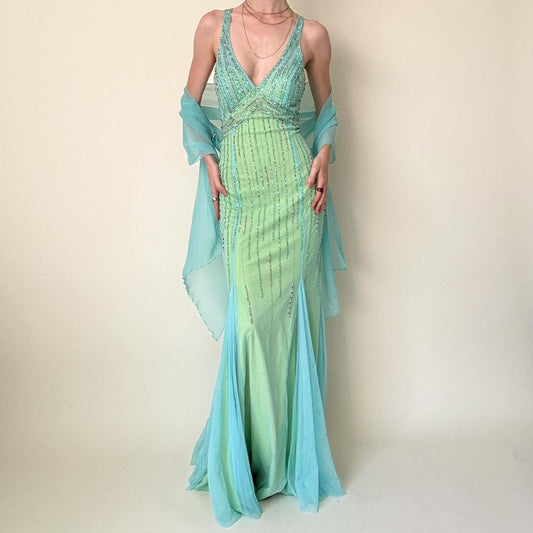 Green Blue Vintage Beads Rhinestones Women's Tulle Mermaid Slim Fit Long Prom Dress Vintage Backless Stunning Formal Ball Gown Evening Dress gh4589