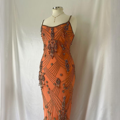 Fantasy Orange Coral Elegant Exquisite Gem Beaded Long Chiffon Ball Gown Evening Dress Party Dress Prom Dress gh3747