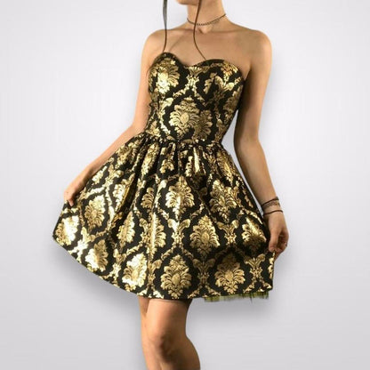 __ Y2K Gold and Black Fashion Jacquard Brocade Printed Mini Short Homecoming Dress Cocktail Dress Party Dress gh4610