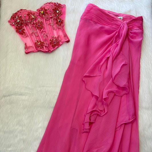 Pink Beaded Beautiful Elegant Two Piece Maxi Vacation Party Dress gh4309