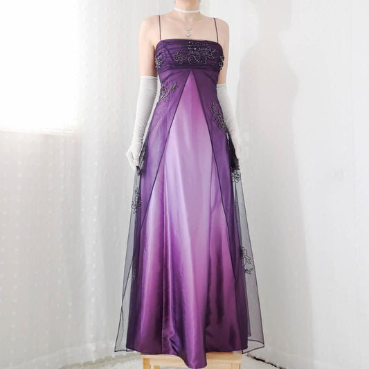 Purple Elegant Beautiful Exquisite Floral Beading Vintage A-Line Spaghetti Strap Long Satin Tulle Ball Gown Evening Dress Birthday Party Dress Prom Dress gh3909
