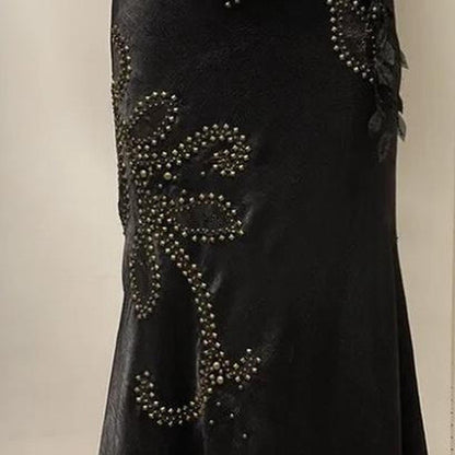 Black Vintage Glam Rock Unique Fashion Beautiful Elegant Exquisite Gold Stud Beads Long Satin Ball Gown Evening Gown Birthday Party Dress Prom Dark Fairy/Black Swan gh3914