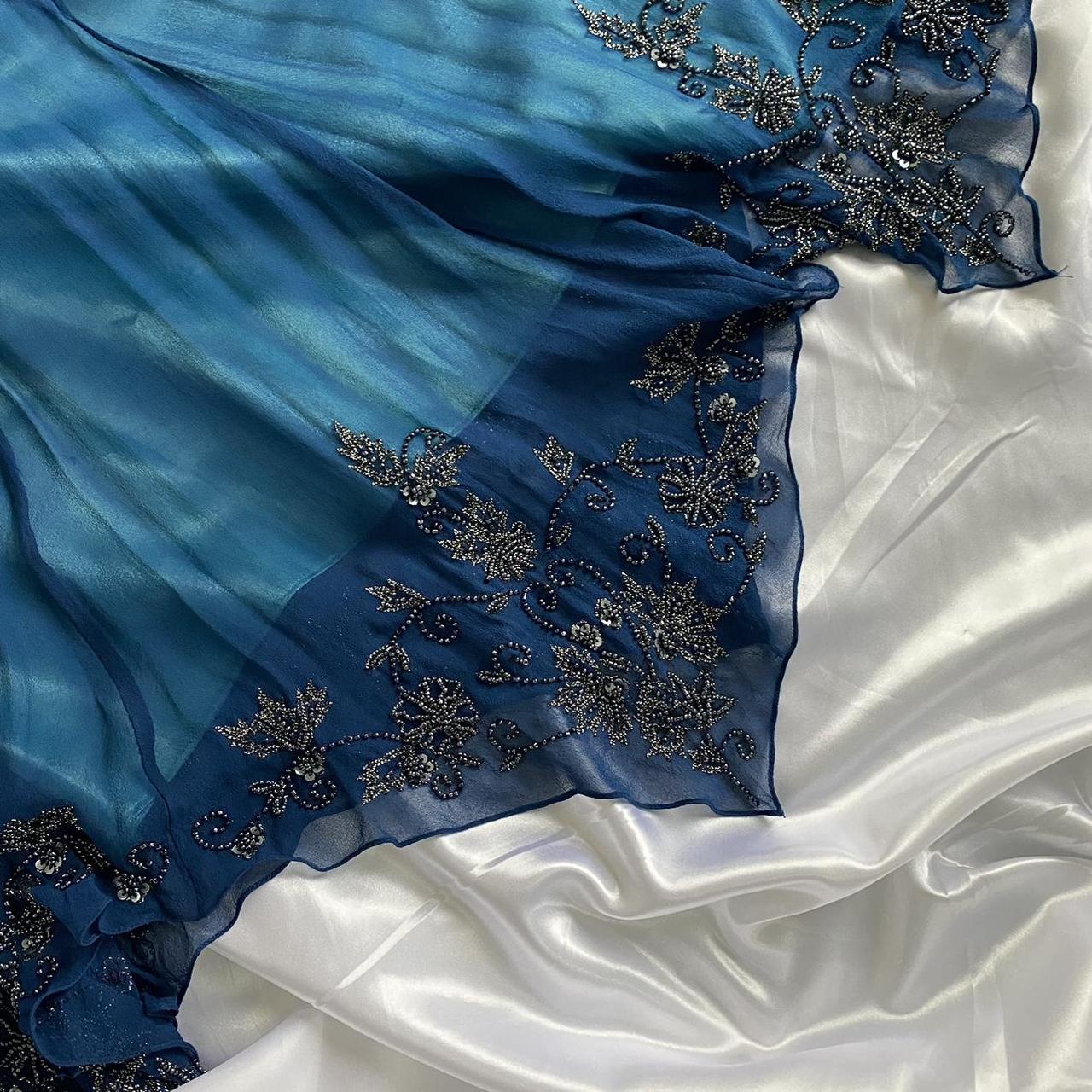 Dark blue gorgeous flowing vintage beautiful elegant delicate floral beaded spaghetti strap long chiffon ball gown evening dress party dress prom dress gh3903