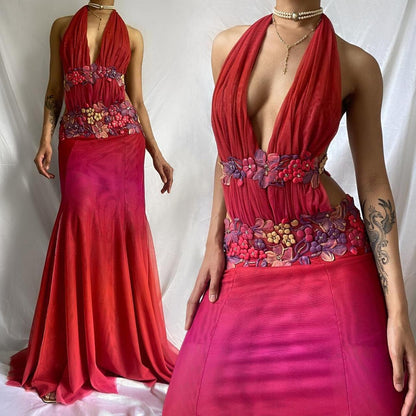 Red Elegant Floral V Neck Long Chiffon Ball Gown Evening Gown Party Dress gh4444
