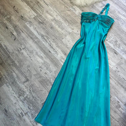 Beautiful Rehydrated Blue Exquisite One Shoulder Sequined Flower Strap Beaded Long satin Ball Gown Evening Gown Prom Gown Birthday Party Dress gh3807