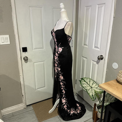 Black pink floral elegant long satin ball gown evening dress party dress gh4569