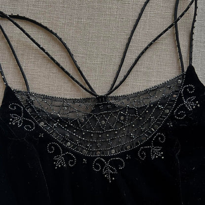 Vintage Black Velvet Gorgeous Exquisite Beading Elegant Spaghetti Strap Long Velvet Ball Gown Evening Dress Birthday Party Dress Prom Dress gh3954