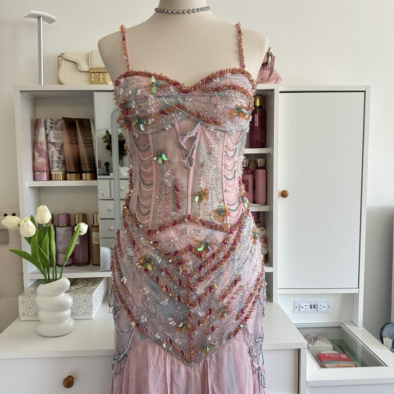 Pale Pink and Blue Flowing Vintage Fashion Mermaid Beaded Bodice Beaded with Sequins Beautiful Unique Glitter Elegant Long Chiffon Tulle Ball Gown Evening Gown Party Dress Prom Gown gh3881
