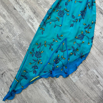 Blue Beaded Floral Long Chiffon Ball Gown Evening Gown Party Dress gh4310