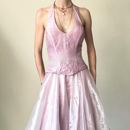 Pink Glitter Bustier Beaded Long Tulle Satin Ball Gown Evening Dress gh4592
