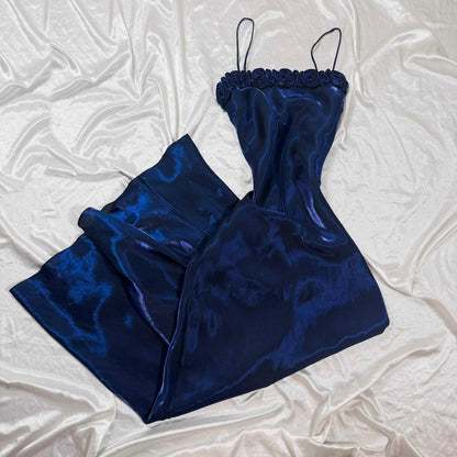 Navy Blue Vintage Fashion Elegant Delicate Floral Spaghetti Strap Long Satin Ball Gown Evening Dress Party Dress Ball Gown Fairy Dress Gothic Dress gh4182