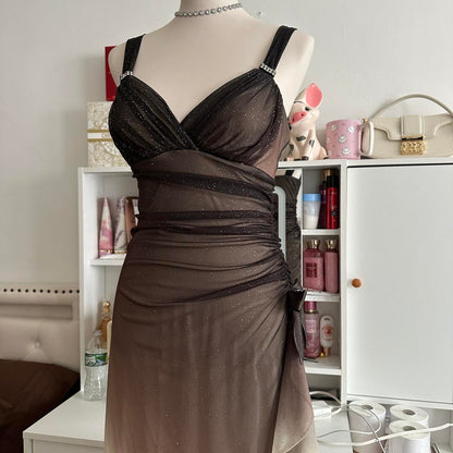 Brown and cream fashionable gradient beautiful unique glitter maxi dress vintage elegant long chiffon tulle ball gown evening dress party dress prom dress gh3879