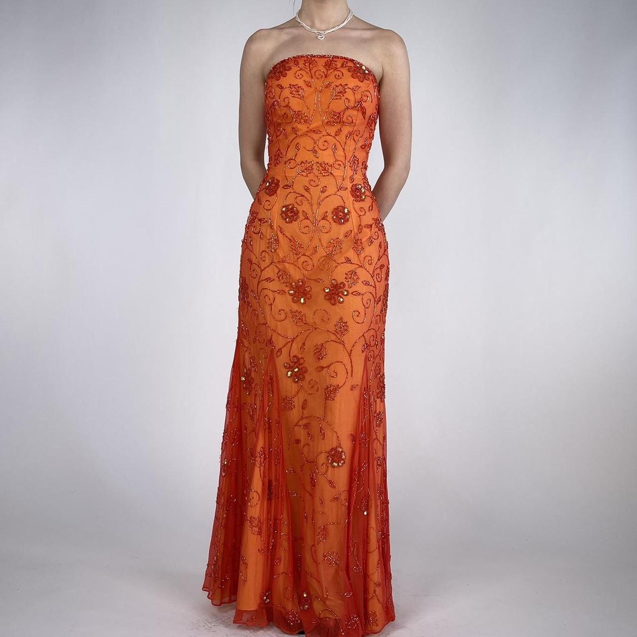 Beautiful Rare Vintage Orange Delicate Floral Sequin Beaded Backless Long Tulle Chiffon Ball Gown Evening Dress Prom Dress Birthday Party Dress gh3806