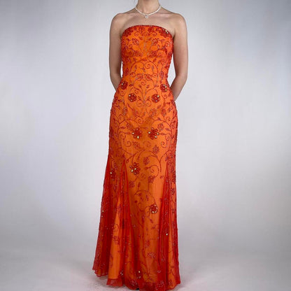 Beautiful Rare Vintage Orange Delicate Floral Sequin Beaded Backless Long Tulle Chiffon Ball Gown Evening Dress Prom Dress Birthday Party Dress gh3806