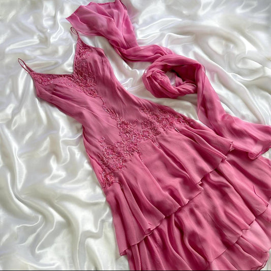 Pink gorgeous exquisite elegant beaded long chiffon ruffled ball gown, evening dress, party dress gh3513