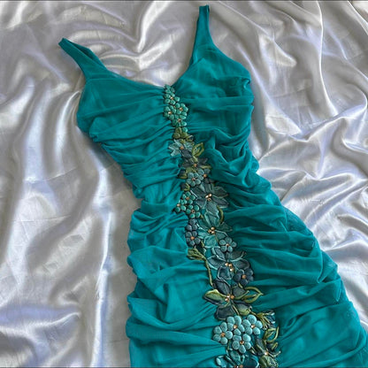 Turquoise Stunning Vintage Gorgeous Exquisite Floral Beaded Straps Long Chiffon Ball Gown Evening Dress Party Dress Prom Dress gh3867