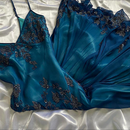 Dark blue gorgeous flowing vintage beautiful elegant delicate floral beaded spaghetti strap long chiffon ball gown evening dress party dress prom dress gh3903