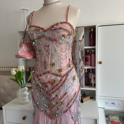Pale Pink and Blue Flowing Vintage Fashion Mermaid Beaded Bodice Beaded with Sequins Beautiful Unique Glitter Elegant Long Chiffon Tulle Ball Gown Evening Gown Party Dress Prom Gown gh3881