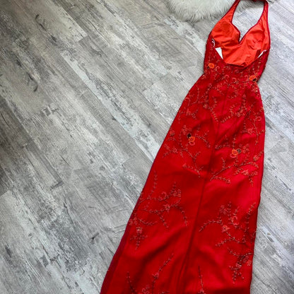 Red gorgeous exquisite beaded long chiffon sling real beautiful flowers wedding guest dress dating dress graduation dress gh4518
