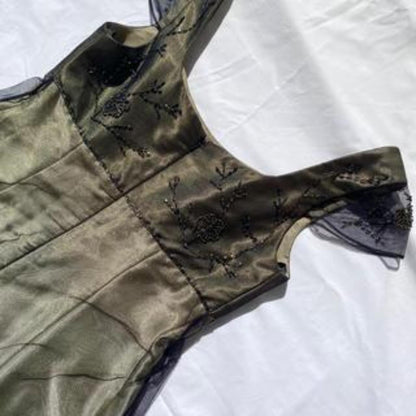 Gold Vintage Fashion Square Neck High Waist Exquisite Floral Beaded Long Short Sleeve Tulle Satin Fairy Regency Ball Gown Prom Dress Evening Dress Birthday Party Dress gh3961