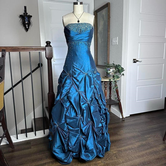 Blue Vintage Elegant Exquisite Beading Long Satin Floor Length Ball Gown Evening Gown Party Dress gh3936