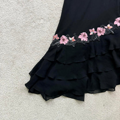 Black Gorgeous Elegant Delicate Pink Embroidered Appliqué Beaded One Shoulder Long Chiffon Ruffled Sequin Ball Gown Birthday Party Dress Evening Gown Prom Gown Holiday Date Night Gown gh4108