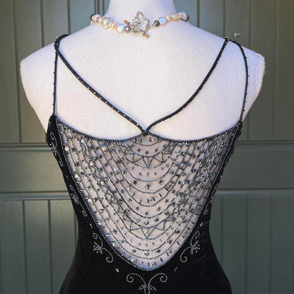 Vintage Black Velvet Gorgeous Exquisite Beading Elegant Spaghetti Strap Long Velvet Ball Gown Evening Dress Birthday Party Dress Prom Dress gh3954