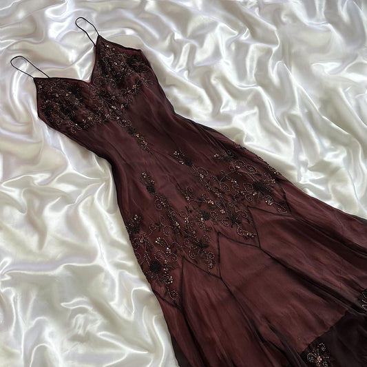 Red brown gorgeous beautiful elegant exquisite floral beading spaghetti straps long chiffon tulle ball gown evening gown party dress prom dress gh3901