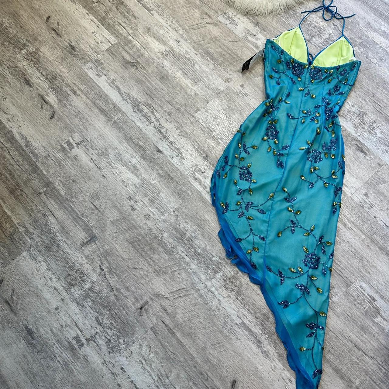 Blue Beaded Floral Long Chiffon Ball Gown Evening Gown Party Dress gh4310