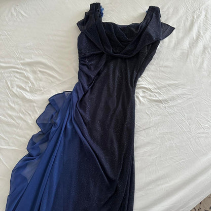 Dark Blue Ombre Stunning Sparkling Retro Fashion Stunning Elegant Delicate Rhinestone Long Chiffon Ball Gown Evening Gown Birthday Party Dress Prom Gown Graduation Gown gh3884