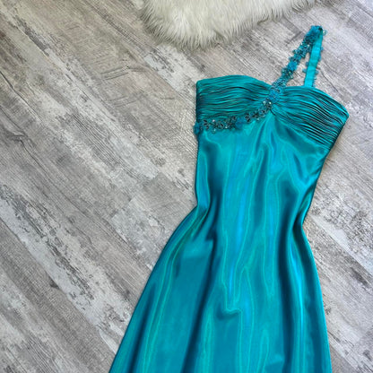 Beautiful Rehydrated Blue Exquisite One Shoulder Sequined Flower Strap Beaded Long satin Ball Gown Evening Gown Prom Gown Birthday Party Dress gh3807