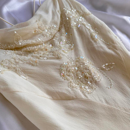 Ivory shiny fashion classy pretty exquisite beaded long chiffon floor-length handmade custom ball gown evening dress party dress prom dress gh3549
