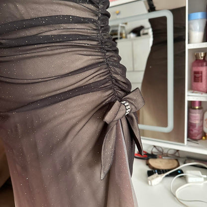 Brown and cream fashionable gradient beautiful unique glitter maxi dress vintage elegant long chiffon tulle ball gown evening dress party dress prom dress gh3879