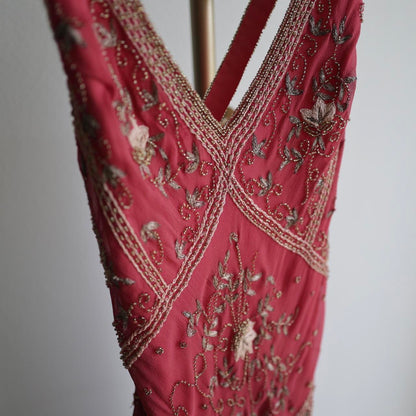 Pink Stunning Vintage Flowing Elegant Delicate Beaded Open Back Long Floor Length Mermaid Style Skirt Satin Ball Gown Evening Gown Birthday Party Gown Prom Gown gh3835