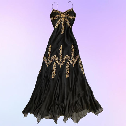 Black Gold Beautiful Embroidery Beaded Floral Spaghetti Strap Long Chiffon Ball Gown Evening Party Dress Prom Dress gh3754